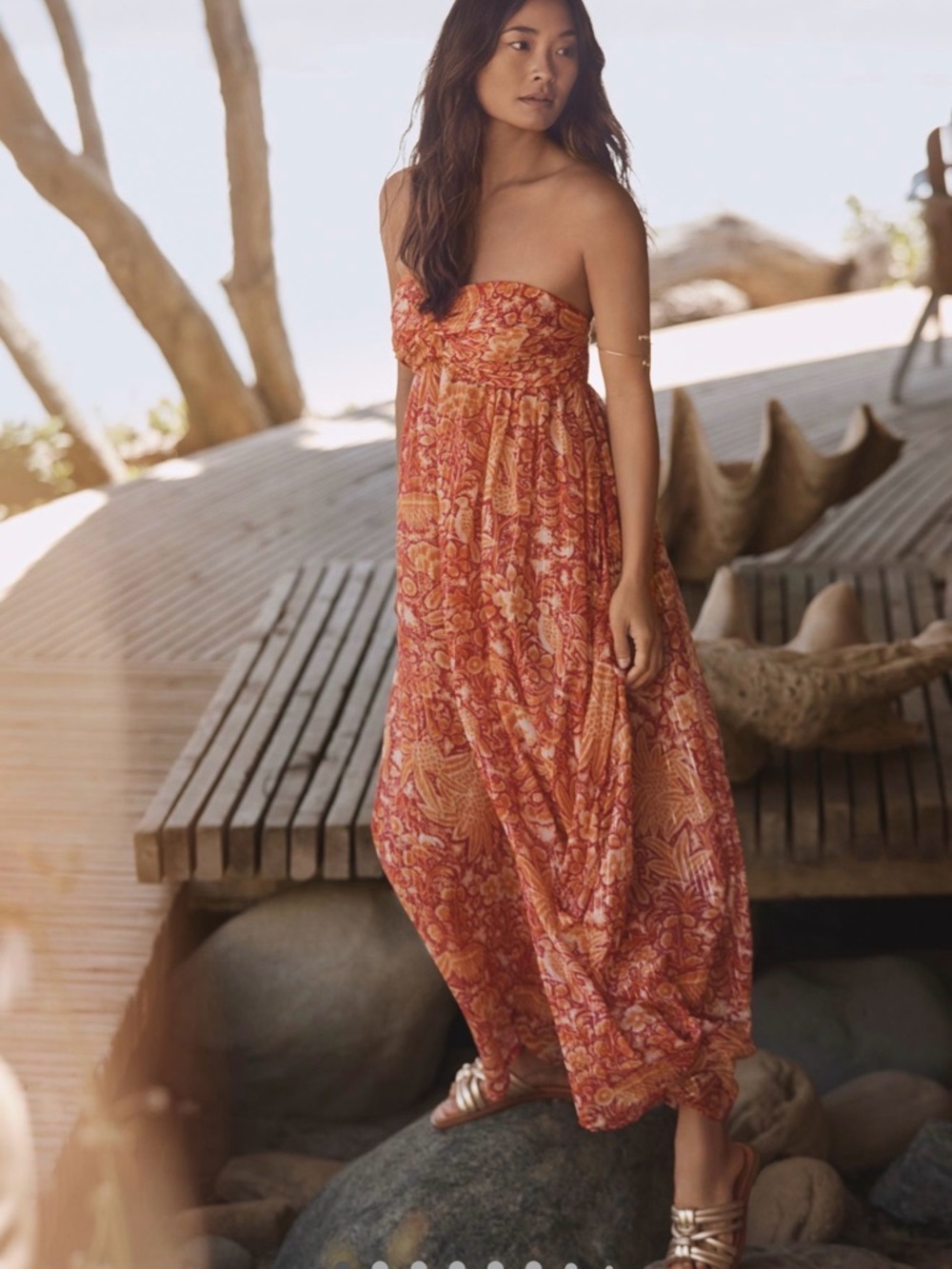 Anthropologie Floral Strapless Wide-Leg Harem Jumpsuit Orange Silver Size Small